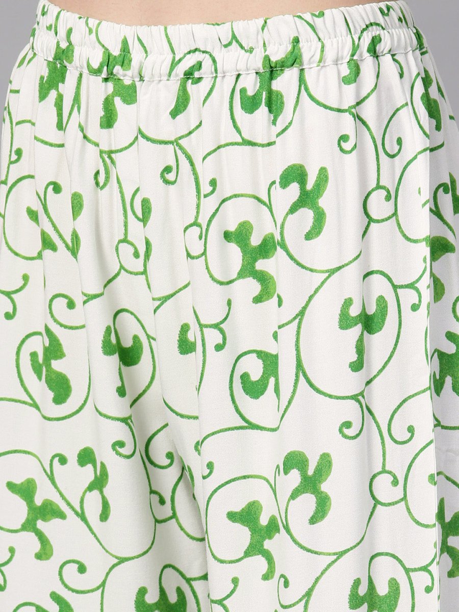 Ahalyaa Green Round Neck Assymetrical Floral Kurta with Palazzo | Swadesiicart
