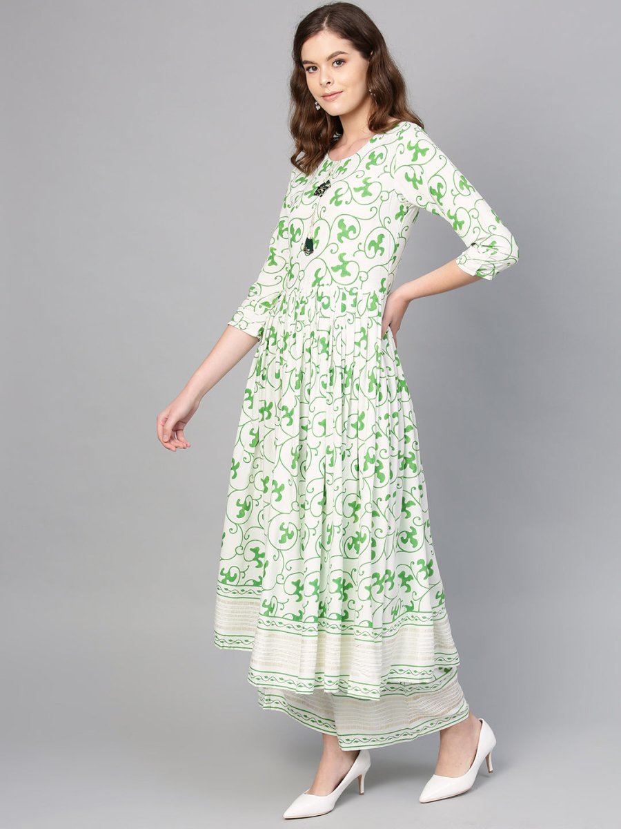 Ahalyaa Green Round Neck Assymetrical Floral Kurta with Palazzo | Swadesiicart