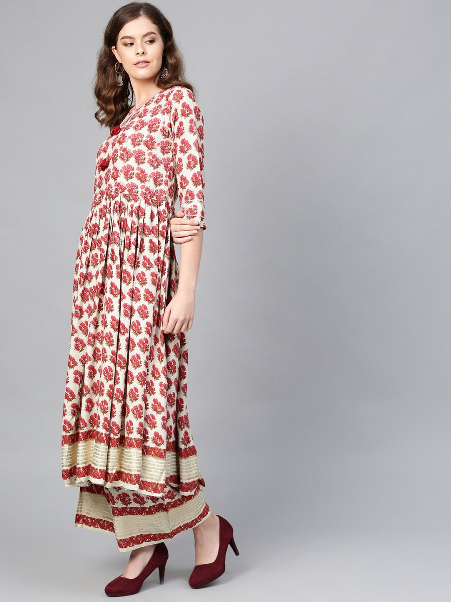 Ahalyaa Multi-color Round Neck Asymmetrical Floral Kurta with Palazzo | Swadesiicart