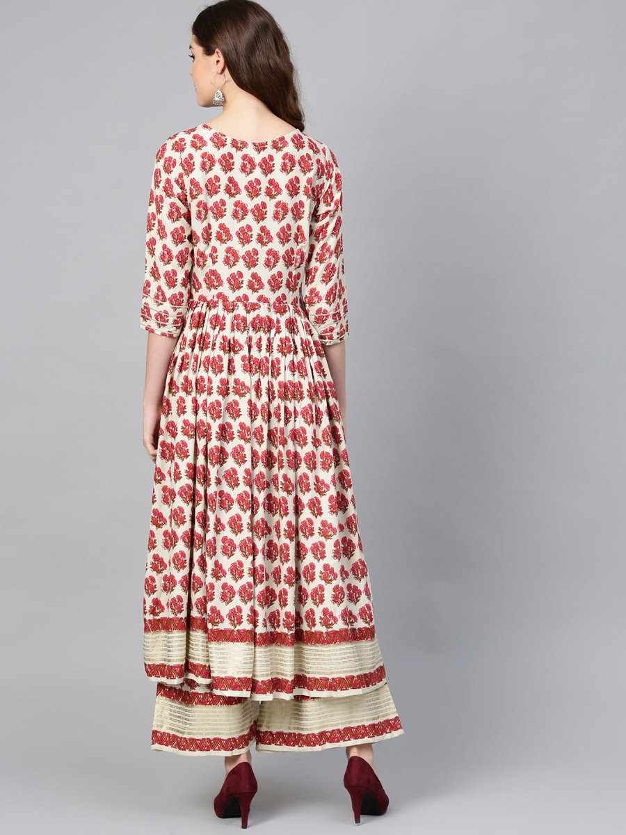 Ahalyaa Multi-color Round Neck Asymmetrical Floral Kurta with Palazzo | Swadesiicart