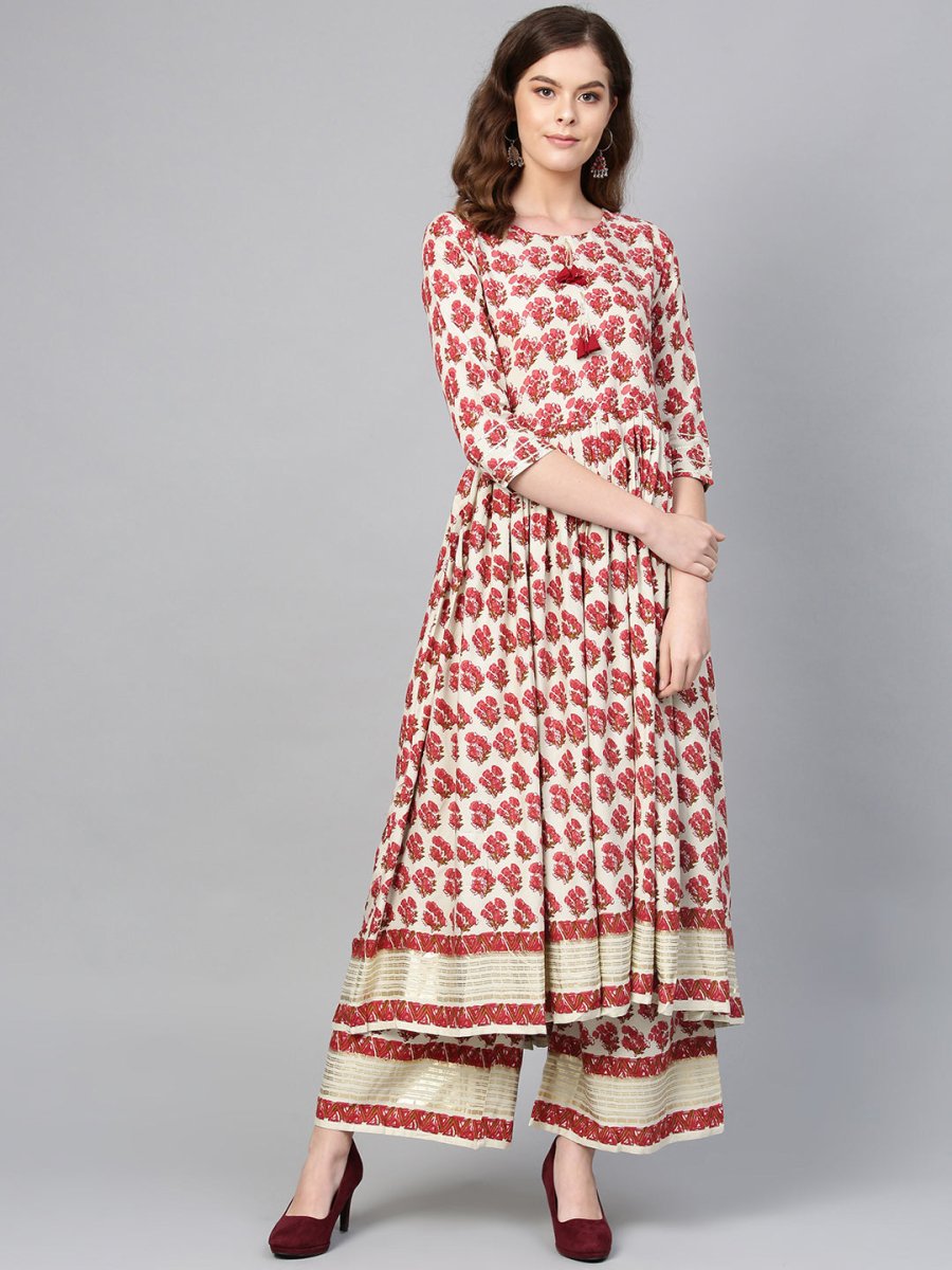 Ahalyaa Multi-color Round Neck Asymmetrical Floral Kurta with Palazzo | Swadesiicart