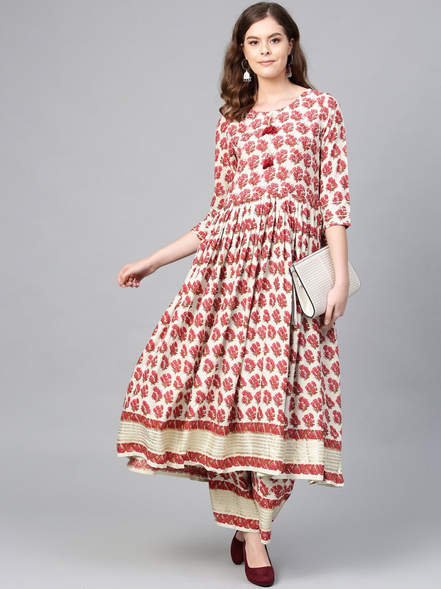Ahalyaa Multi-color Round Neck Asymmetrical Floral Kurta with Palazzo | Swadesiicart