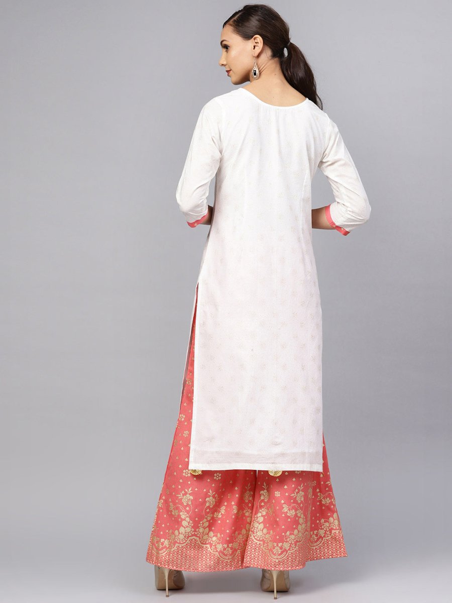 Ahalyaa White and Gold Printed Straight Kurta Set | Swadesiicart