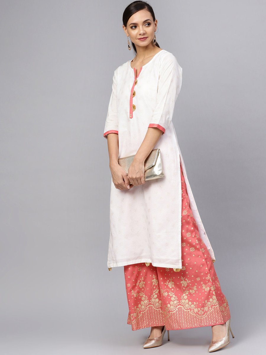 Ahalyaa White and Gold Printed Straight Kurta Set | Swadesiicart