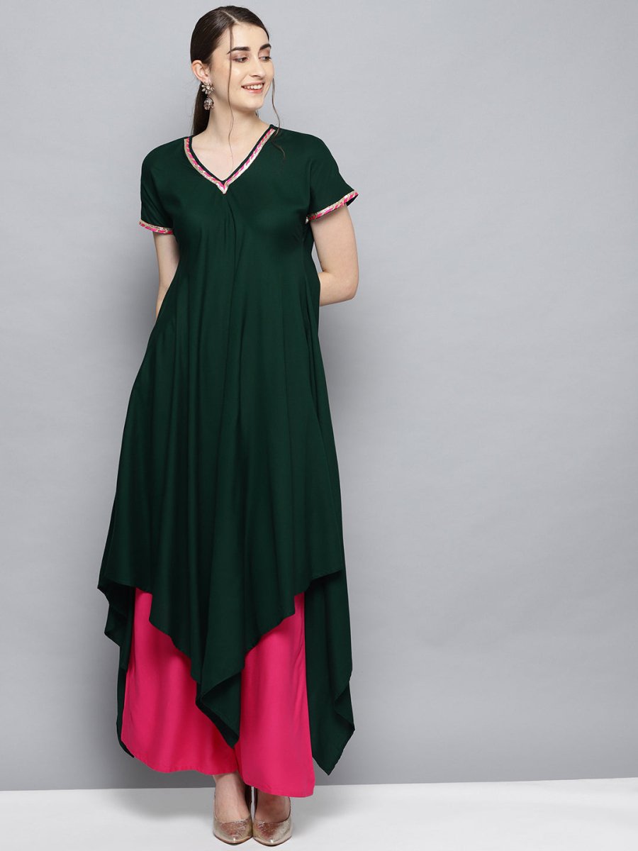 Ahalyaa Dark Green Solid Kimono Rayon Kurta Set For Women | Swadesiicart