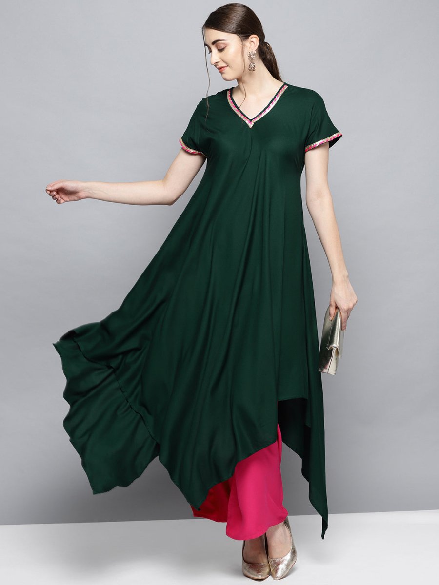 Ahalyaa Dark Green Solid Kimono Rayon Kurta Set For Women | Swadesiicart