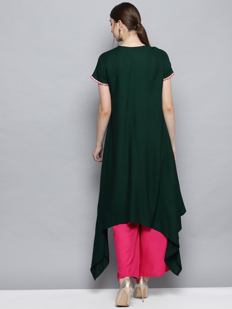 Ahalyaa Dark Green Solid Kimono Rayon Kurta Set For Women | Swadesiicart