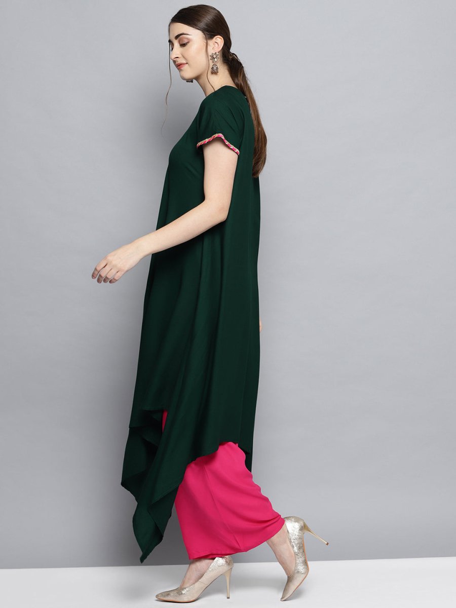 Ahalyaa Dark Green Solid Kimono Rayon Kurta Set For Women | Swadesiicart
