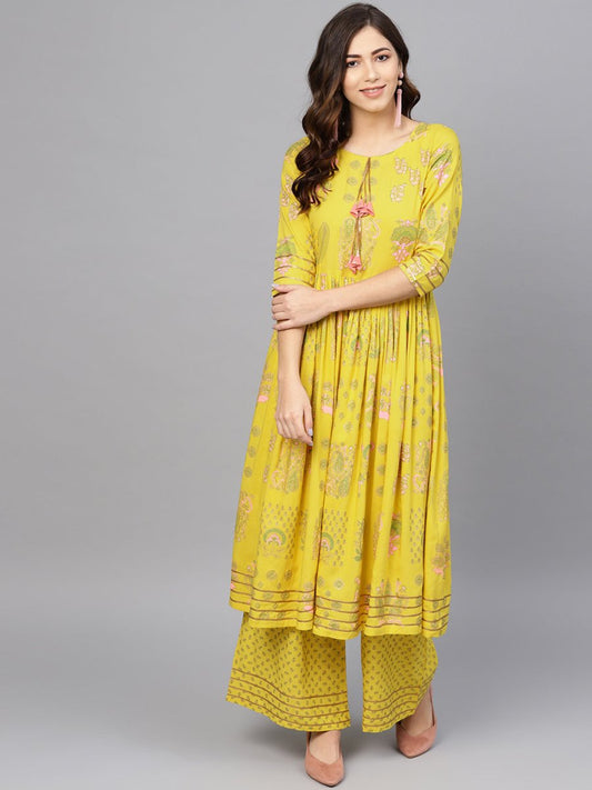Ahalyaa Yellow Frock Suit with Plazzo | Swadesiicart