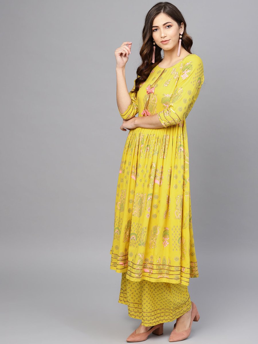 Ahalyaa Yellow Frock Suit with Plazzo | Swadesiicart