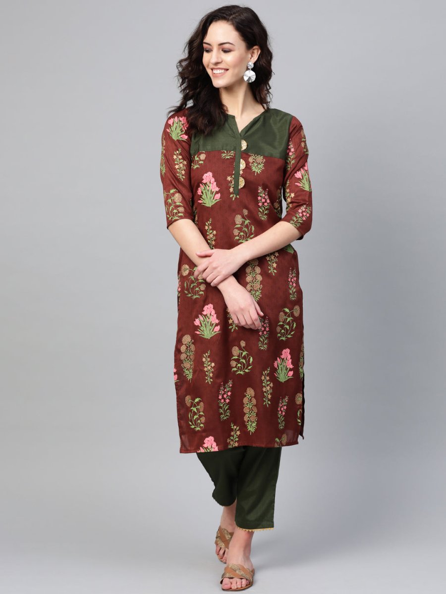 Ahalyaa Brown & Olive Green Printed Kurta with Palazzo | Swadesiicart