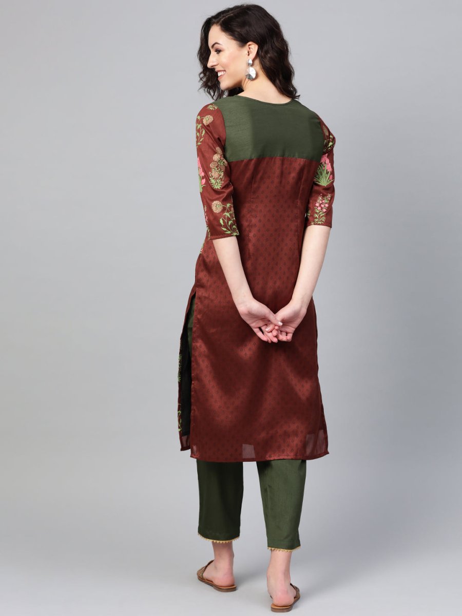 Ahalyaa Brown & Olive Green Printed Kurta with Palazzo | Swadesiicart