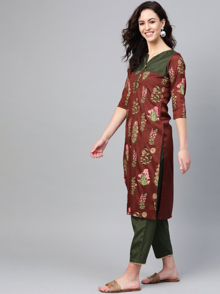 Ahalyaa Brown & Olive Green Printed Kurta with Palazzo | Swadesiicart
