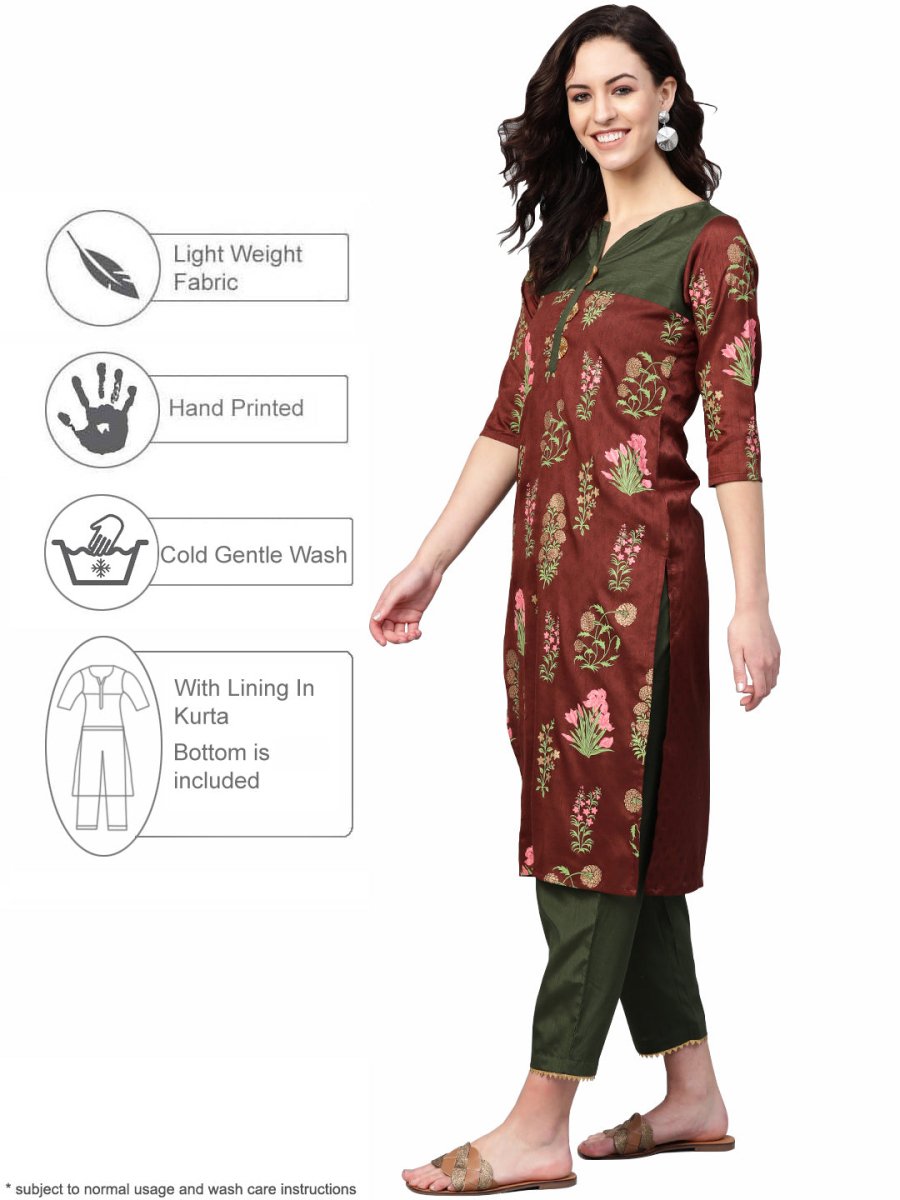 Ahalyaa Brown & Olive Green Printed Kurta with Palazzo | Swadesiicart