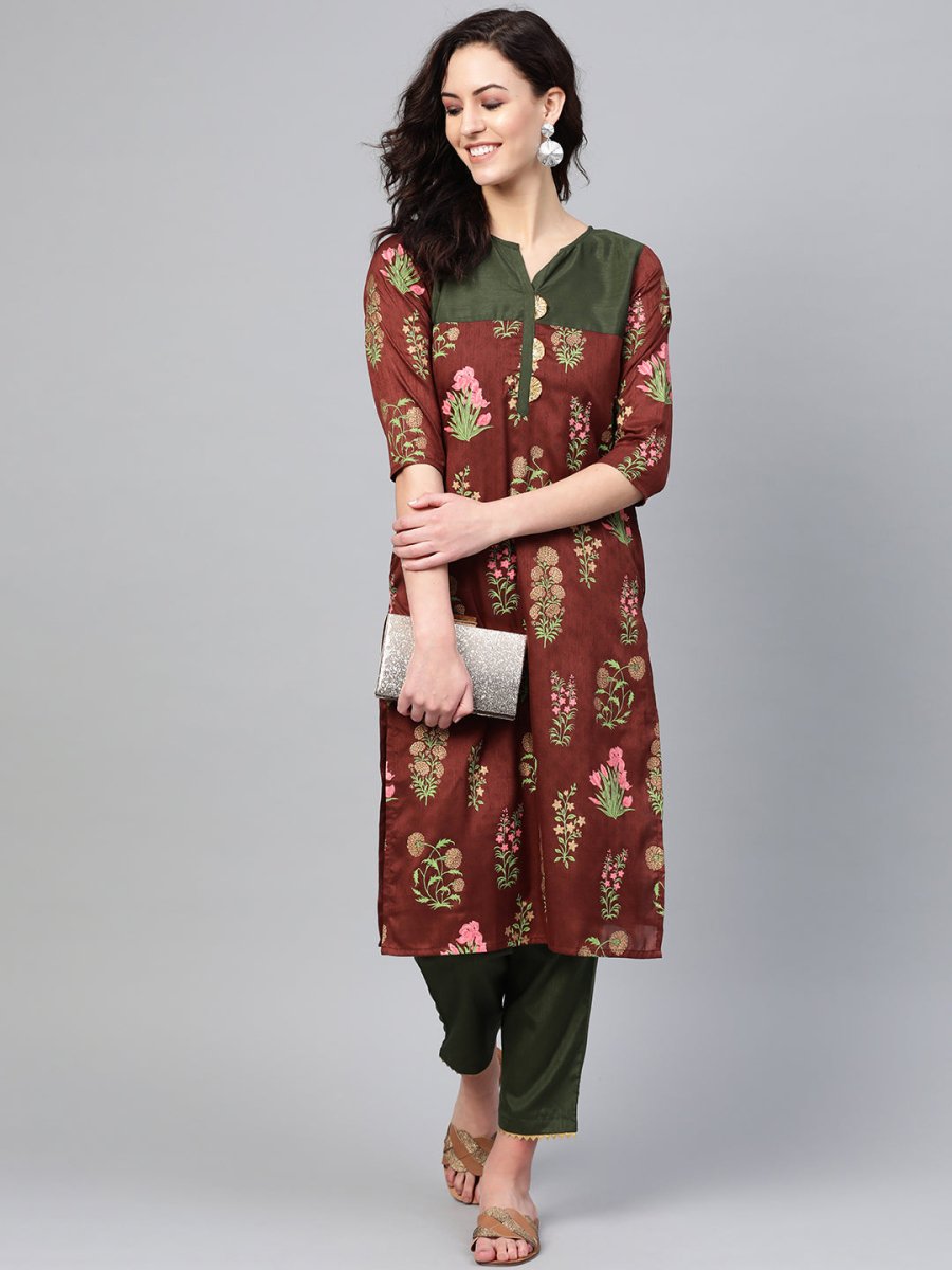 Ahalyaa Brown & Olive Green Printed Kurta with Palazzo | Swadesiicart