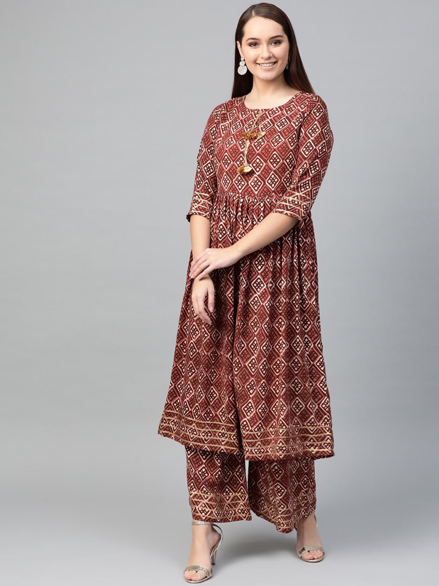 Ahalyaa Women Maroon & Off-White Printed A-Line Kurta with Palazzos | Swadesiicart