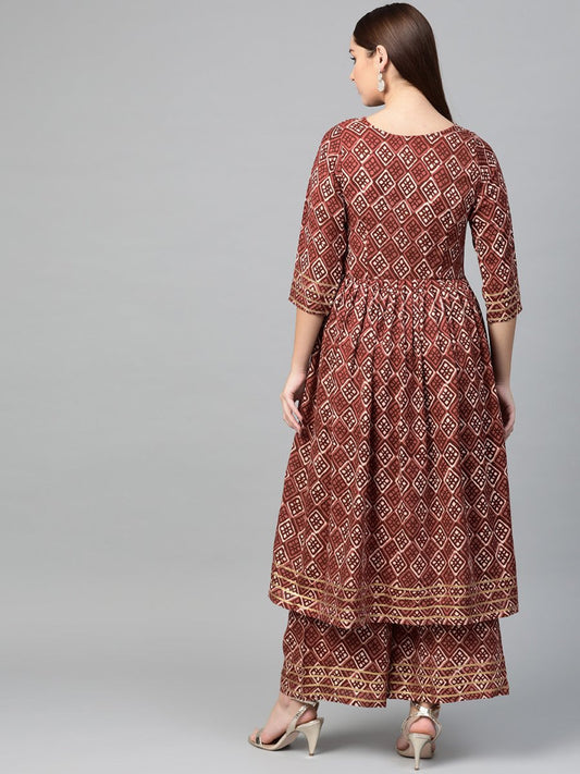 Ahalyaa Women Maroon & Off-White Printed A-Line Kurta with Palazzos | Swadesiicart