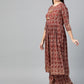Ahalyaa Women Maroon & Off-White Printed A-Line Kurta with Palazzos | Swadesiicart