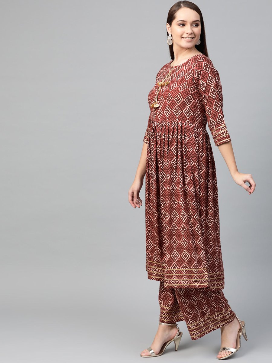 Ahalyaa Women Maroon & Off-White Printed A-Line Kurta with Palazzos | Swadesiicart