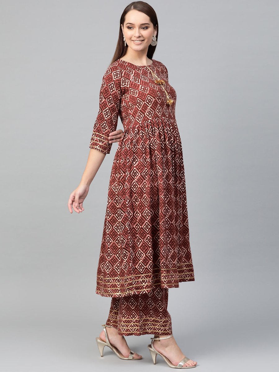 Ahalyaa Women Maroon & Off-White Printed A-Line Kurta with Palazzos | Swadesiicart