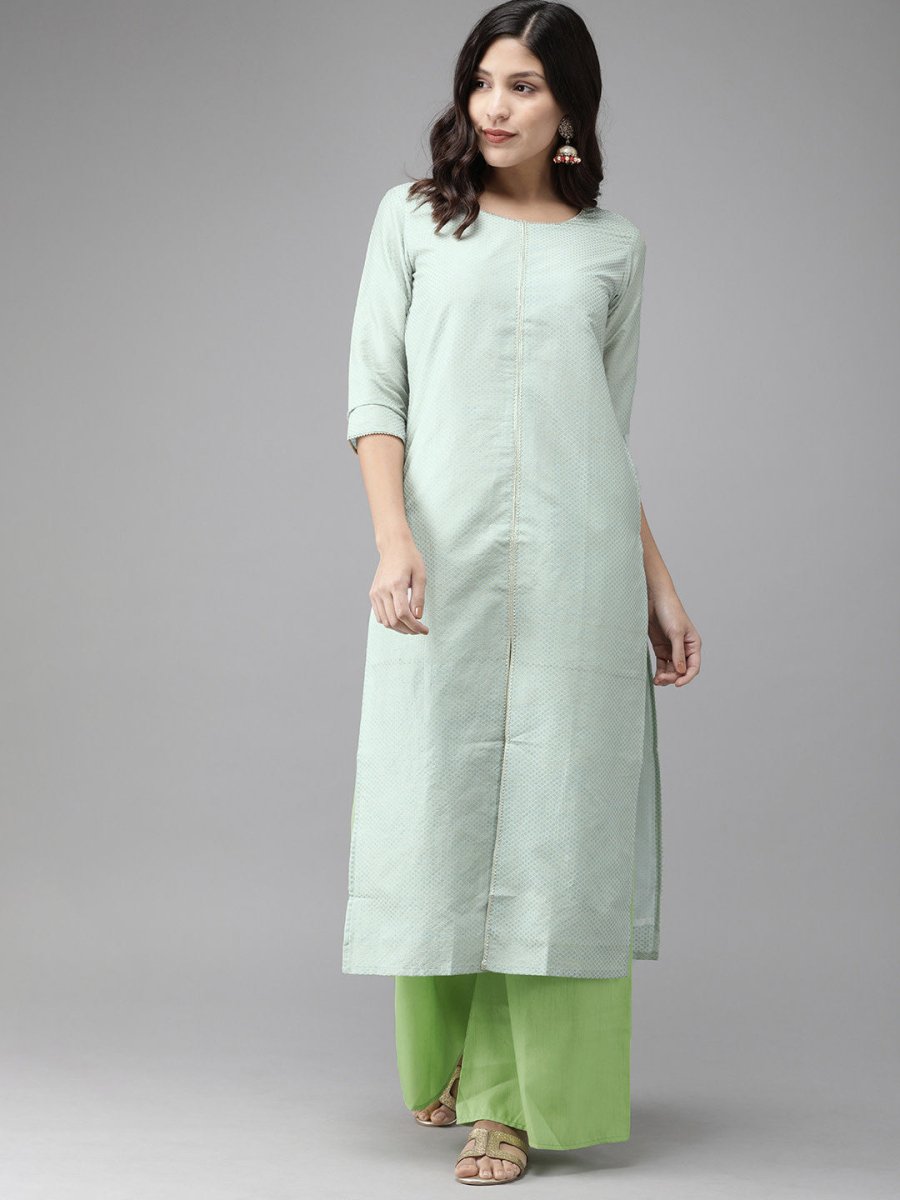 Ahalyaa Women Turquoise Blue & Gold-Toned Foil Printed Kurta with Palazzos | Swadesiicart