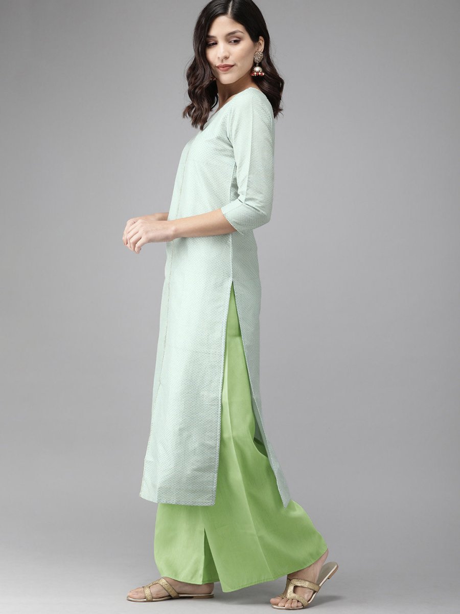 Ahalyaa Women Turquoise Blue & Gold-Toned Foil Printed Kurta with Palazzos | Swadesiicart