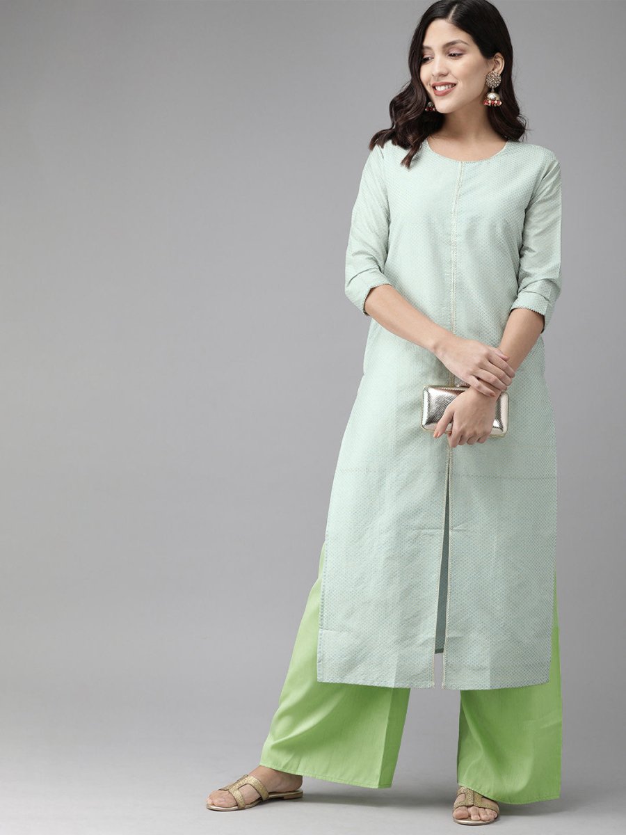Ahalyaa Women Turquoise Blue & Gold-Toned Foil Printed Kurta with Palazzos | Swadesiicart