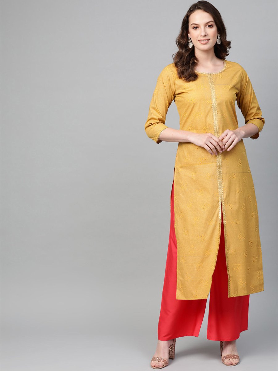 Ahalyaa Mustard Yellow & Coral Red Printed Kurta with Palazzo | Swadesiicart