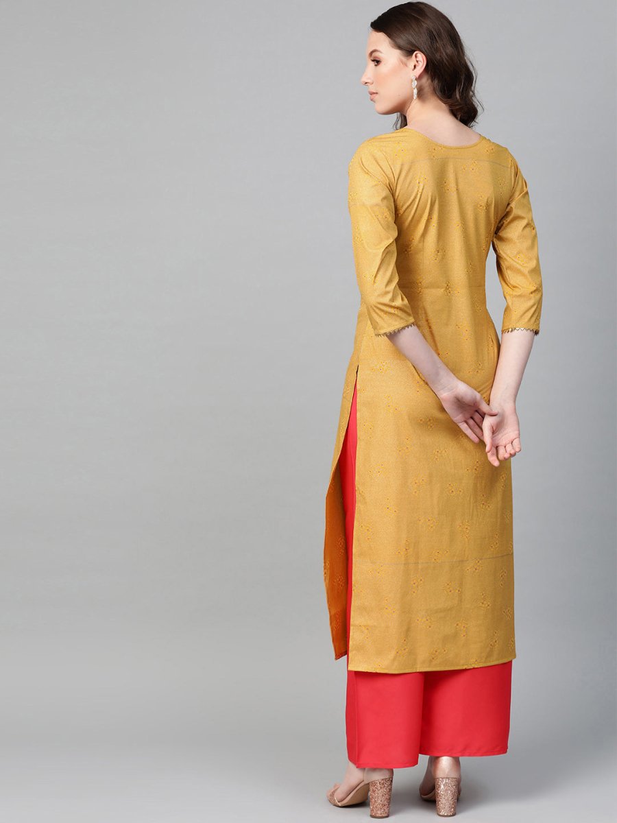 Ahalyaa Mustard Yellow & Coral Red Printed Kurta with Palazzo | Swadesiicart