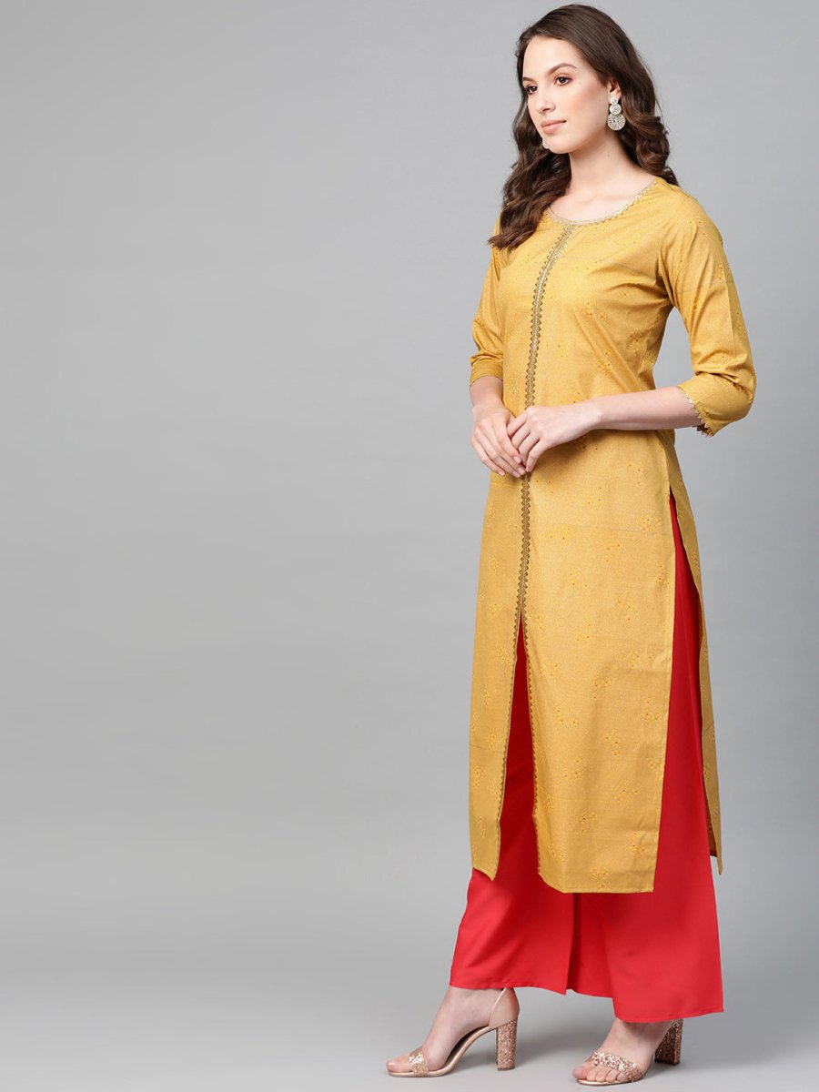 Ahalyaa Mustard Yellow & Coral Red Printed Kurta with Palazzo | Swadesiicart