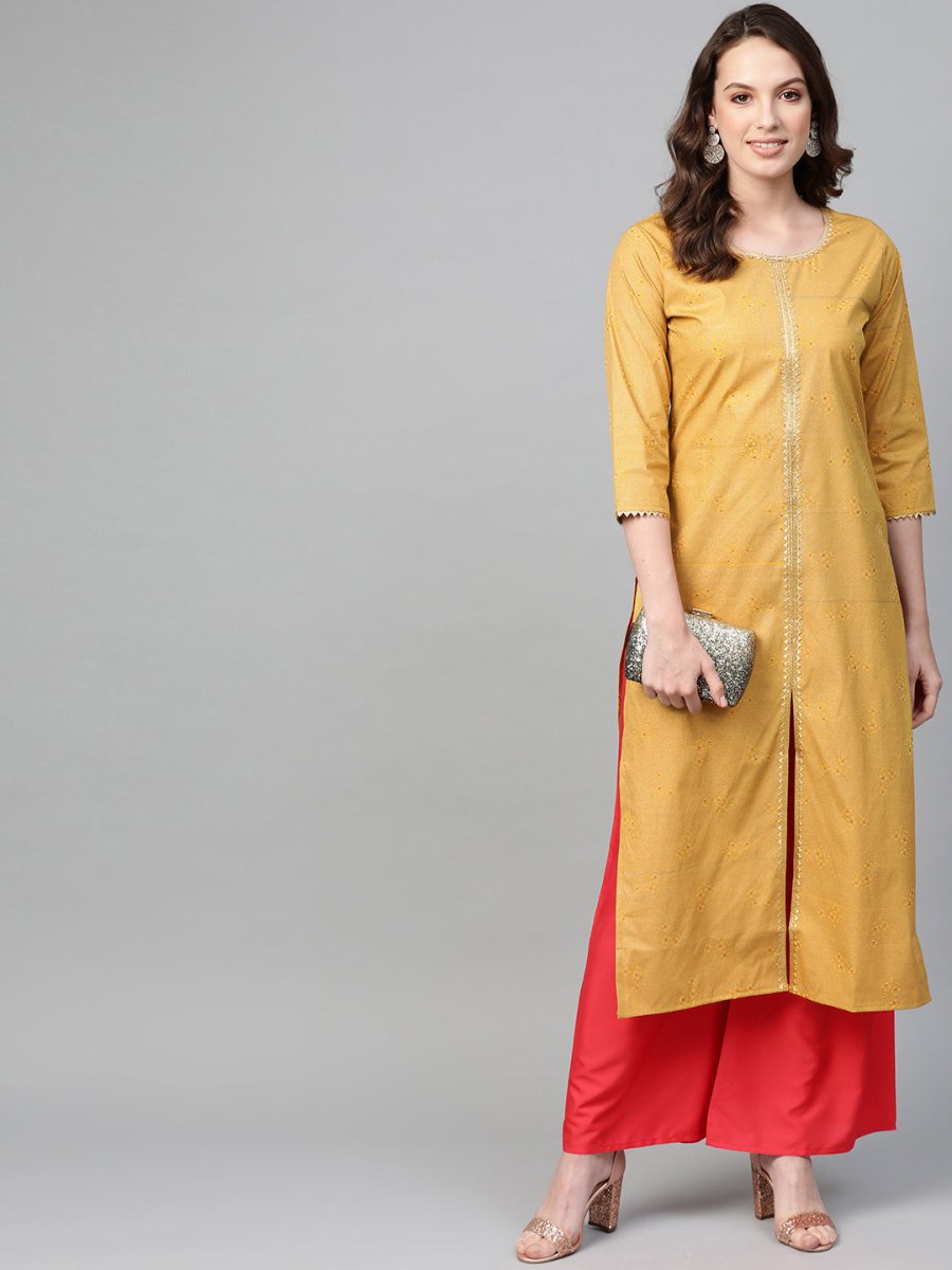 Ahalyaa Mustard Yellow & Coral Red Printed Kurta with Palazzo | Swadesiicart