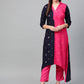 Ahalyaa Women Navy Blue & Pink Colourblocked Kurta with Trousers | Swadesiicart