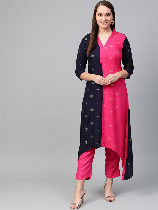 Ahalyaa Women Navy Blue & Pink Colourblocked Kurta with Trousers | Swadesiicart