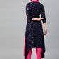 Ahalyaa Women Navy Blue & Pink Colourblocked Kurta with Trousers | Swadesiicart