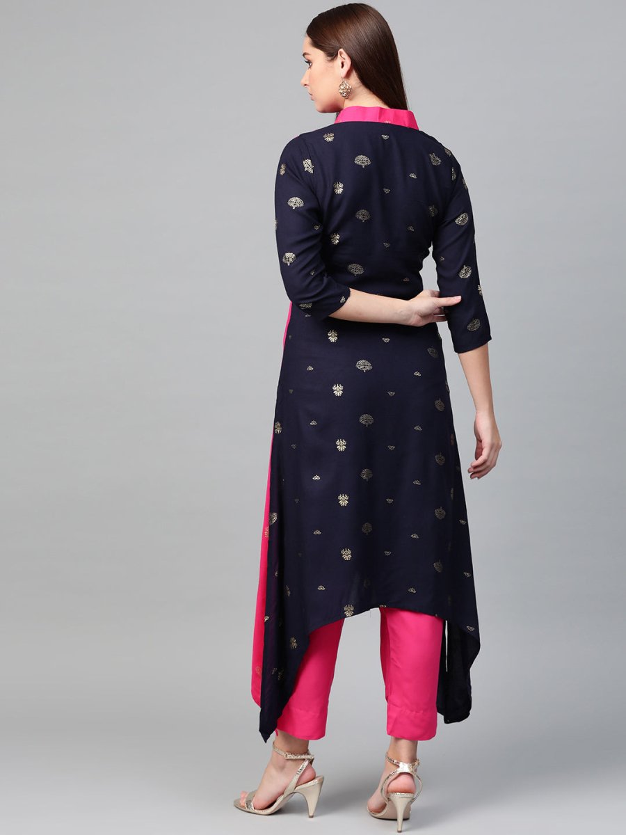 Ahalyaa Women Navy Blue & Pink Colourblocked Kurta with Trousers | Swadesiicart