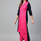 Ahalyaa Women Navy Blue & Pink Colourblocked Kurta with Trousers | Swadesiicart