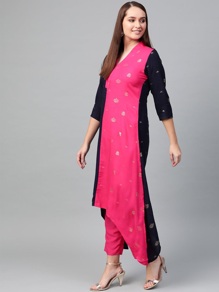 Ahalyaa Women Navy Blue & Pink Colourblocked Kurta with Trousers | Swadesiicart