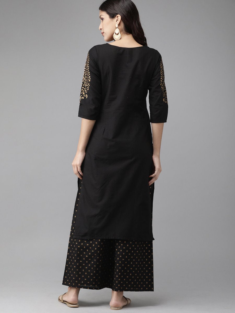 Ahalyaa Women Black & Golden Foil Print Kurta With Palazzo | Swadesiicart
