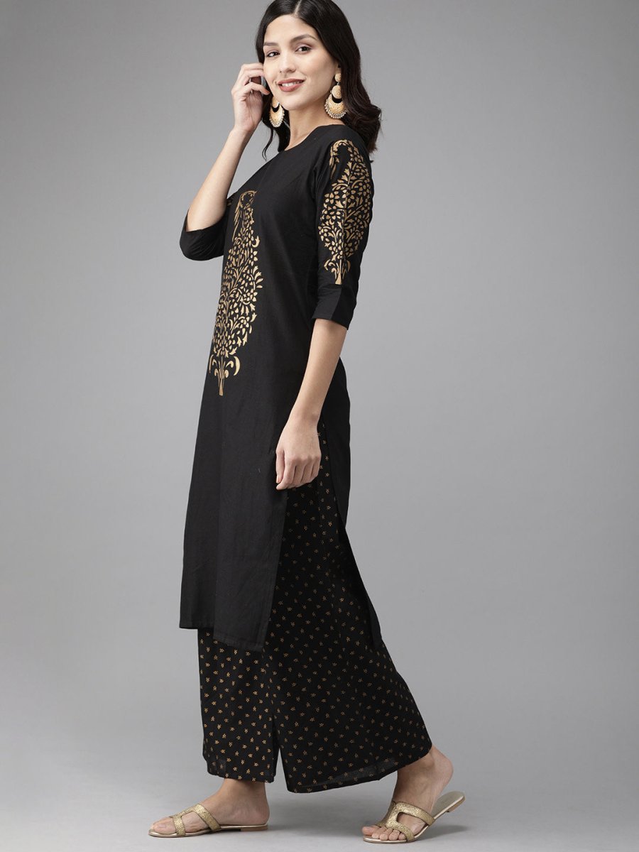 Ahalyaa Women Black & Golden Foil Print Kurta With Palazzo | Swadesiicart