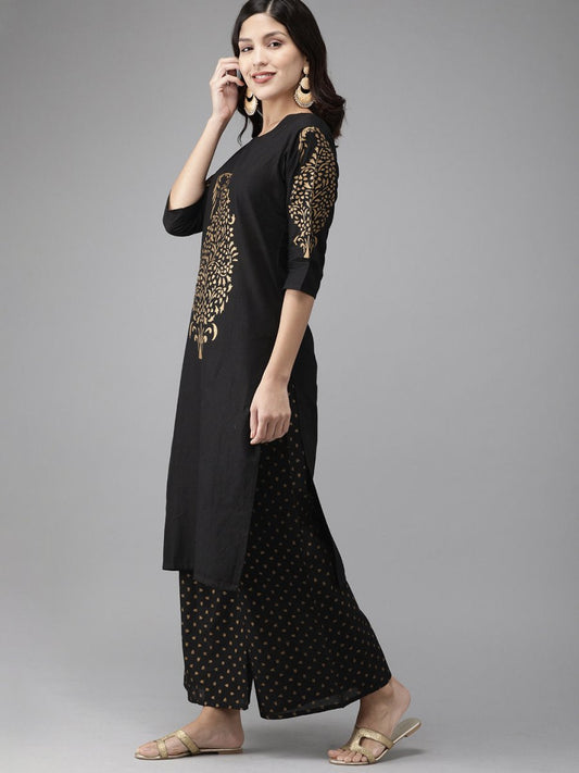 Ahalyaa Women Black & Golden Foil Print Kurta With Palazzo | Swadesiicart