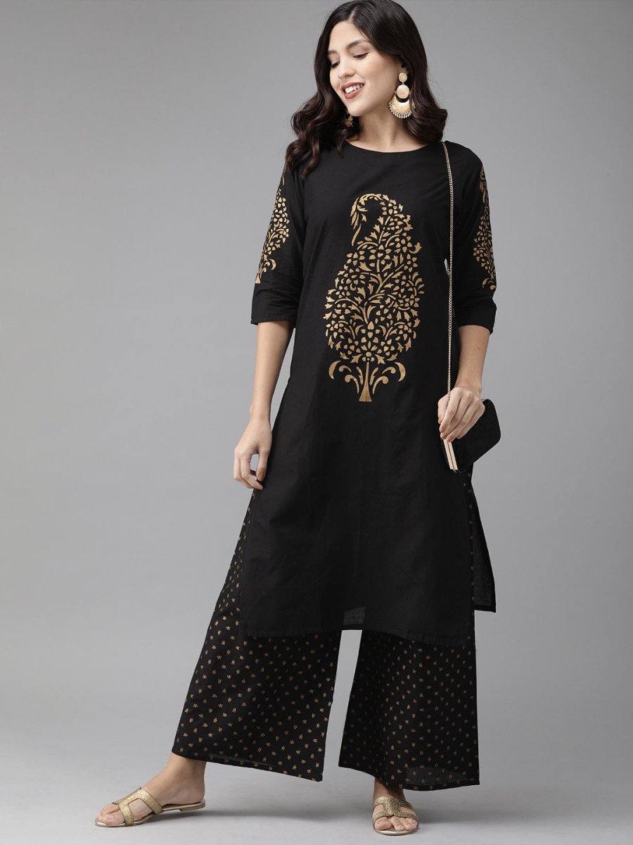 Ahalyaa Women Black & Golden Foil Print Kurta With Palazzo | Swadesiicart
