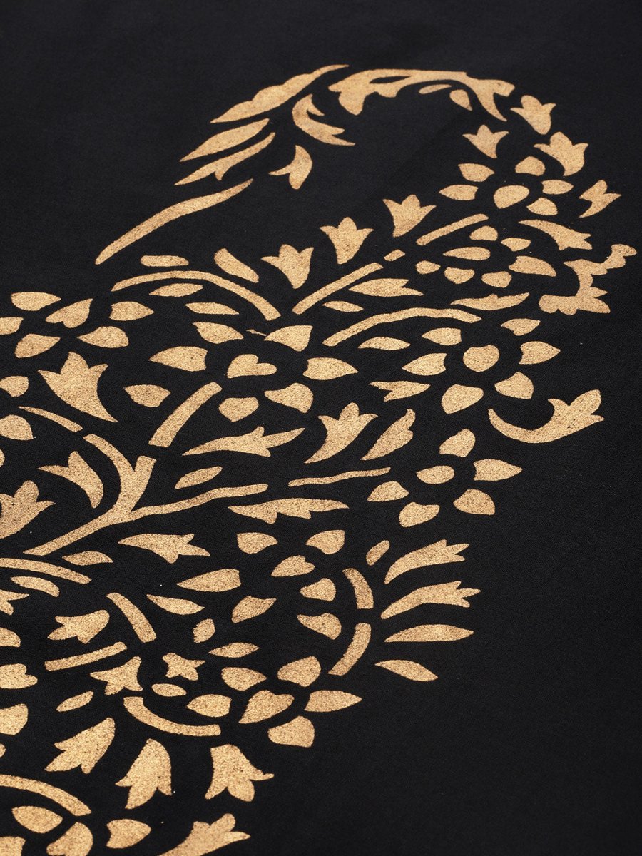 Ahalyaa Women Black & Golden Foil Print Kurta With Palazzo | Swadesiicart