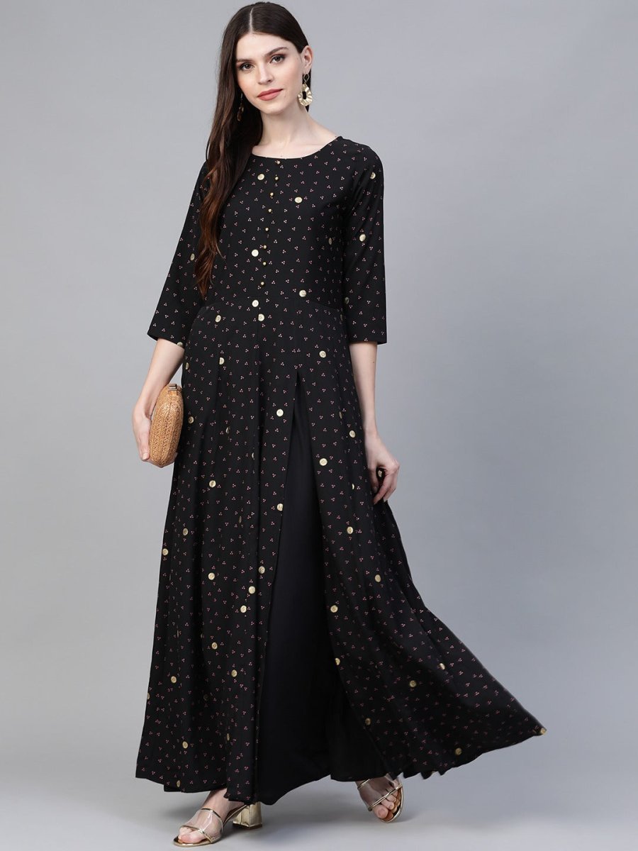 Ahalyaa Black & Pink High Slit Bandhani Khari Printed Anarkali Kurta with Palazzos | Swadesiicart