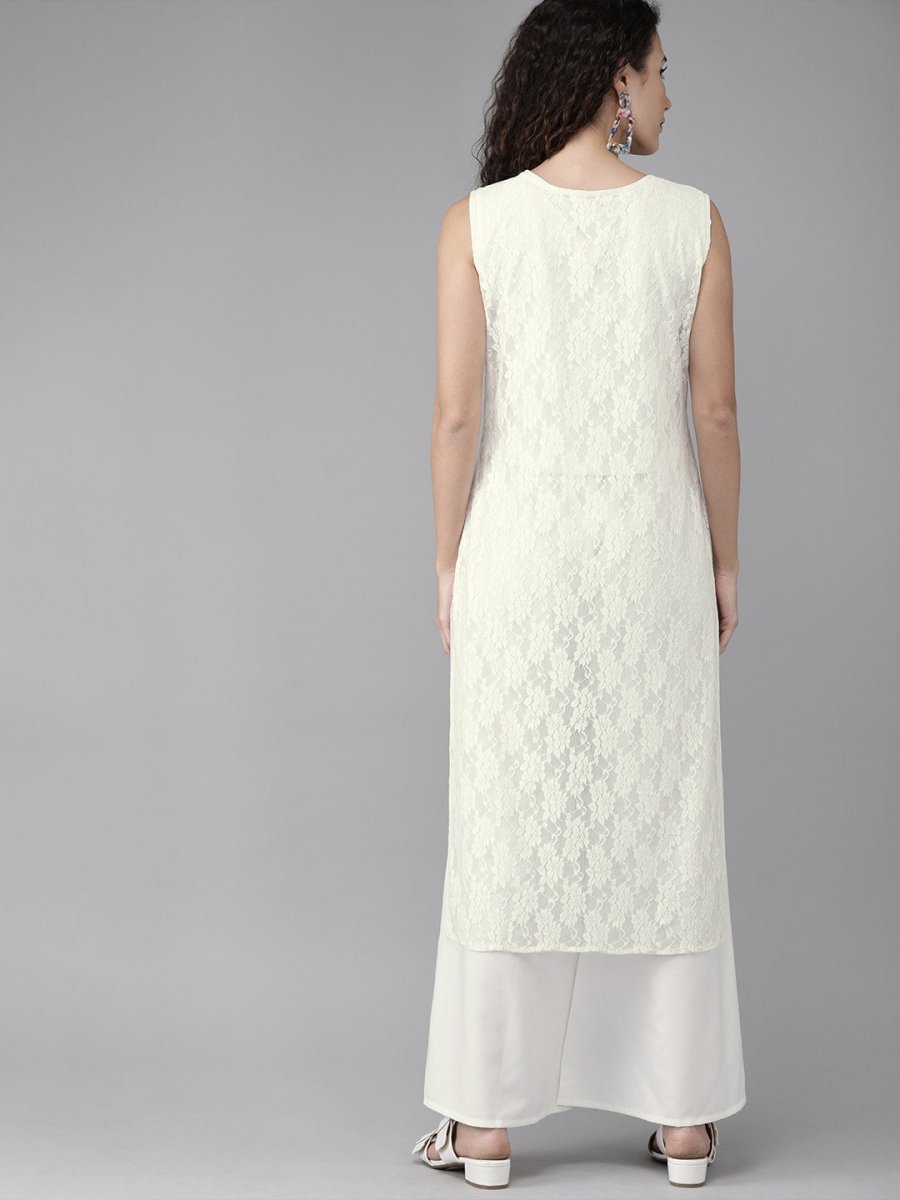 Ahalyaa White Embellished Kurta With Palazzo Set | Swadesiicart