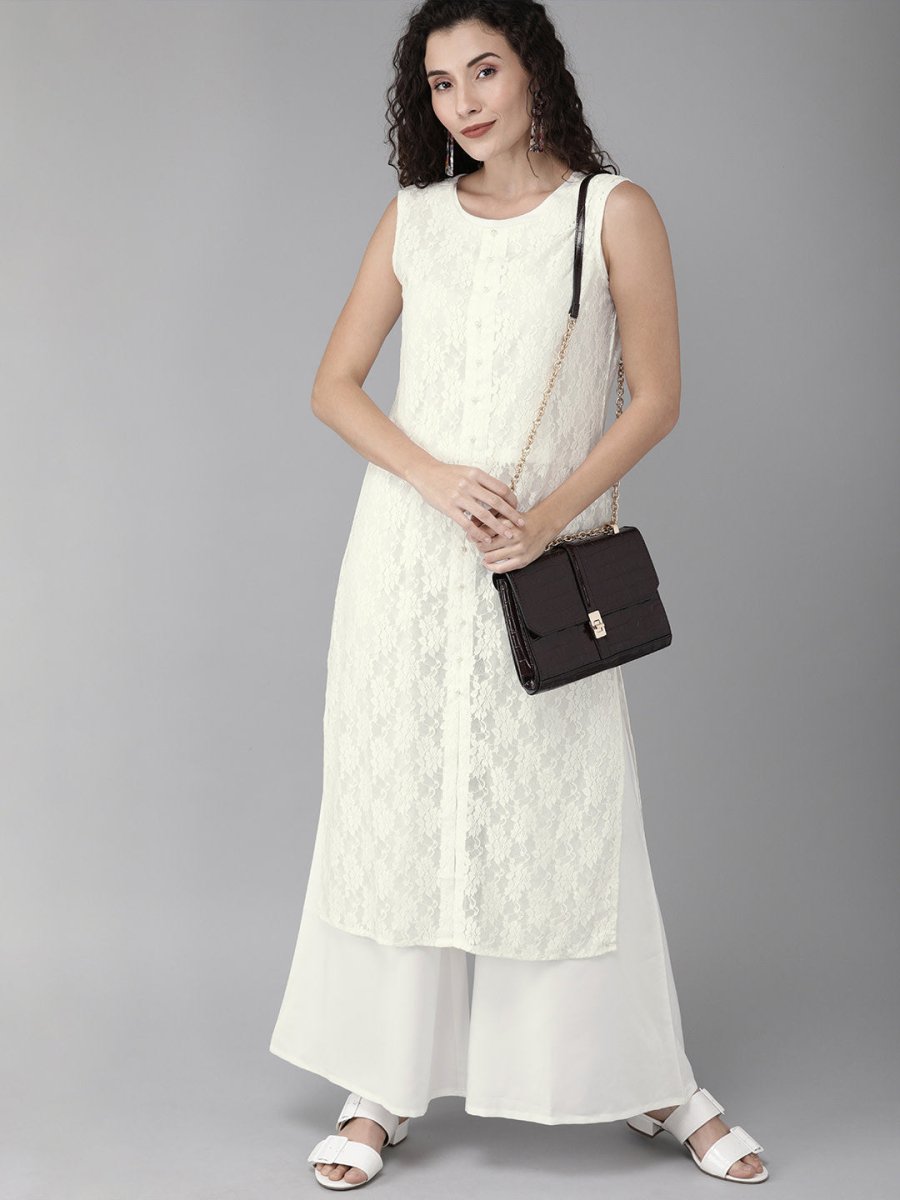 Ahalyaa White Embellished Kurta With Palazzo Set | Swadesiicart