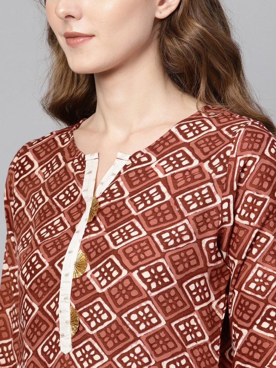 Ahalyaa Brown Printed Straight kurta | Swadesiicart
