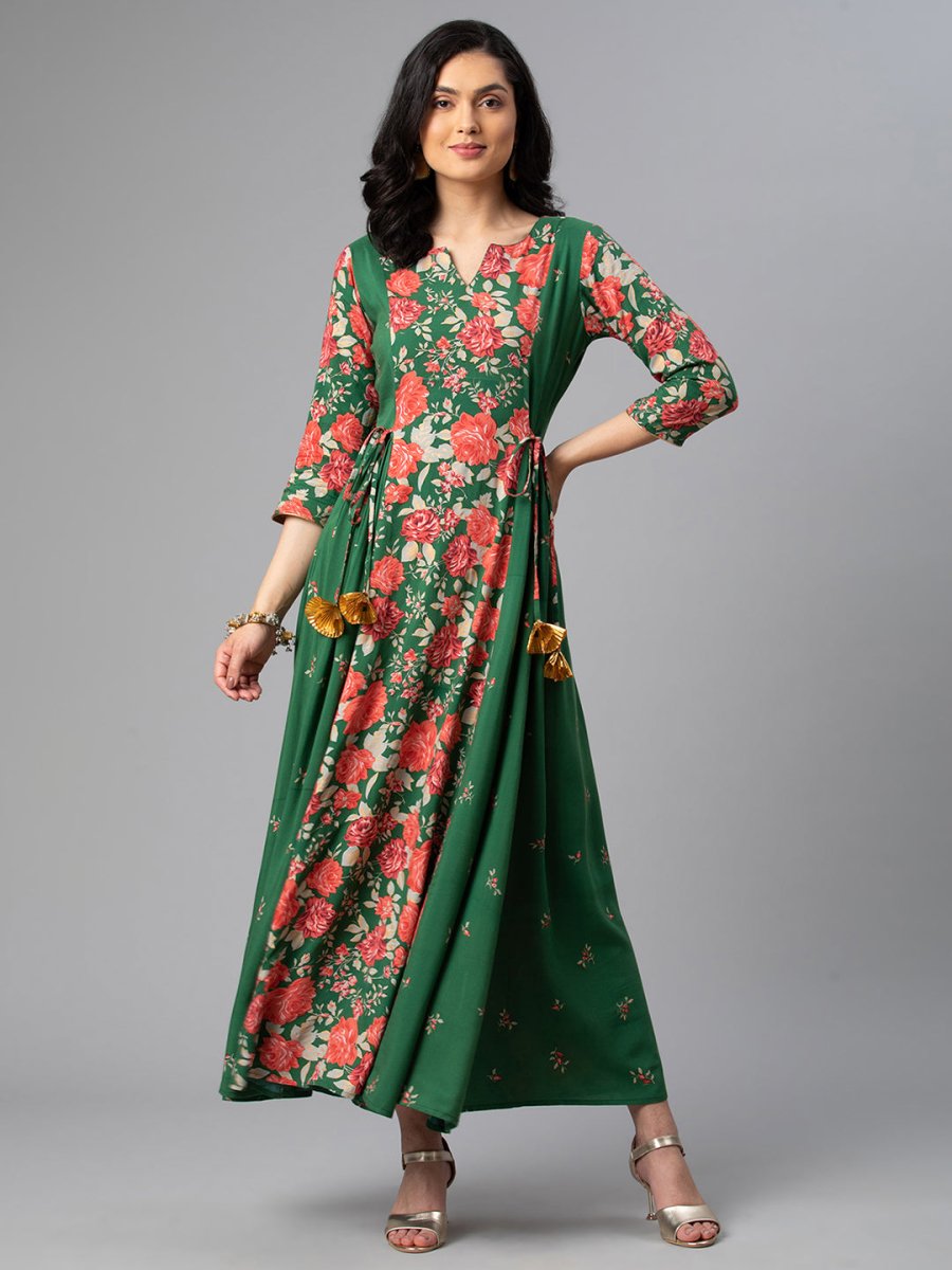 Ahalyaa Viscose Rayon Green Floral Printed Kurta | Swadesiicart