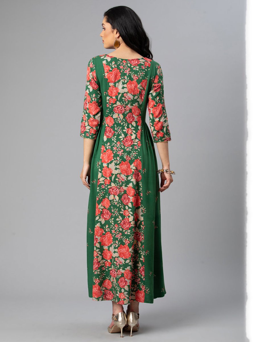 Ahalyaa Viscose Rayon Green Floral Printed Kurta | Swadesiicart