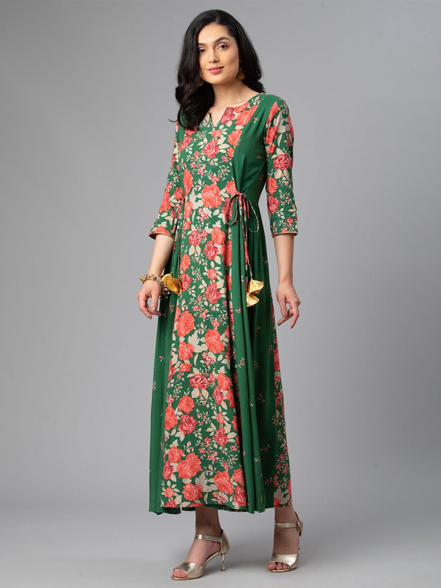Ahalyaa Viscose Rayon Green Floral Printed Kurta | Swadesiicart