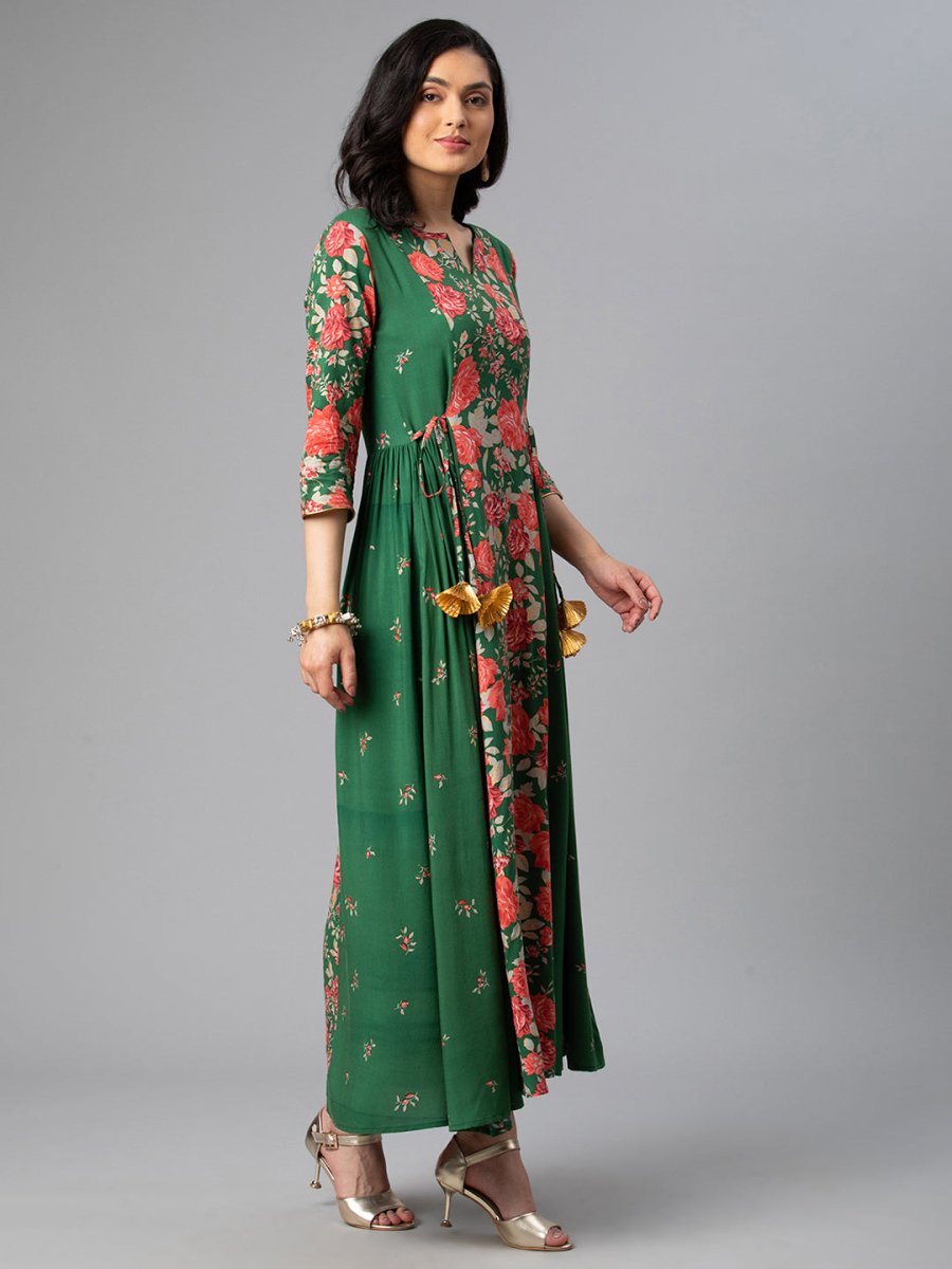 Ahalyaa Viscose Rayon Green Floral Printed Kurta | Swadesiicart
